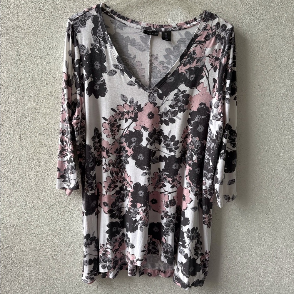Tahari 1X Pink Gray V-Neck‎ 3/4 Sleeve Tee Casual Stretch Floral Hi-Lo Soft